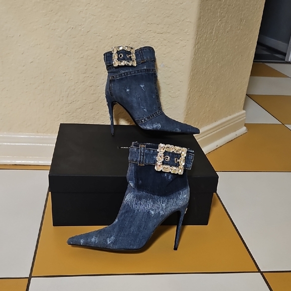Dolce & Gabbana Blue Denim Heeled Boots with Gold Buckle